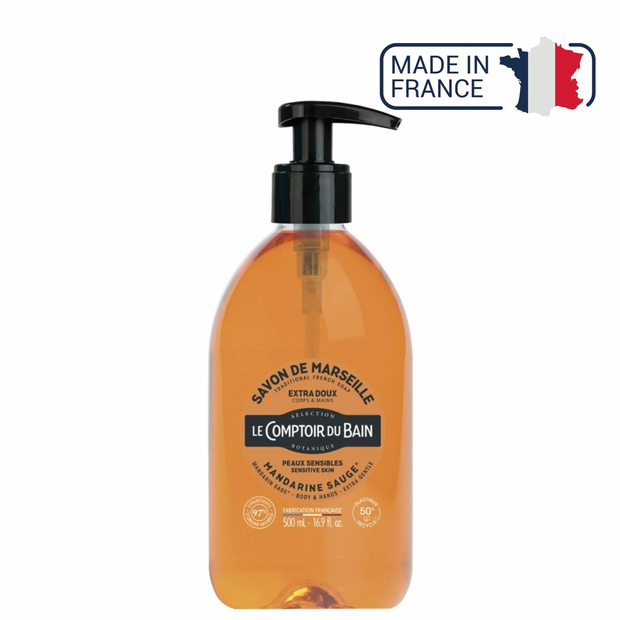 Savon de Marseille liquide Mandarine Sauge - 500ml - Le Comptoir du Bain