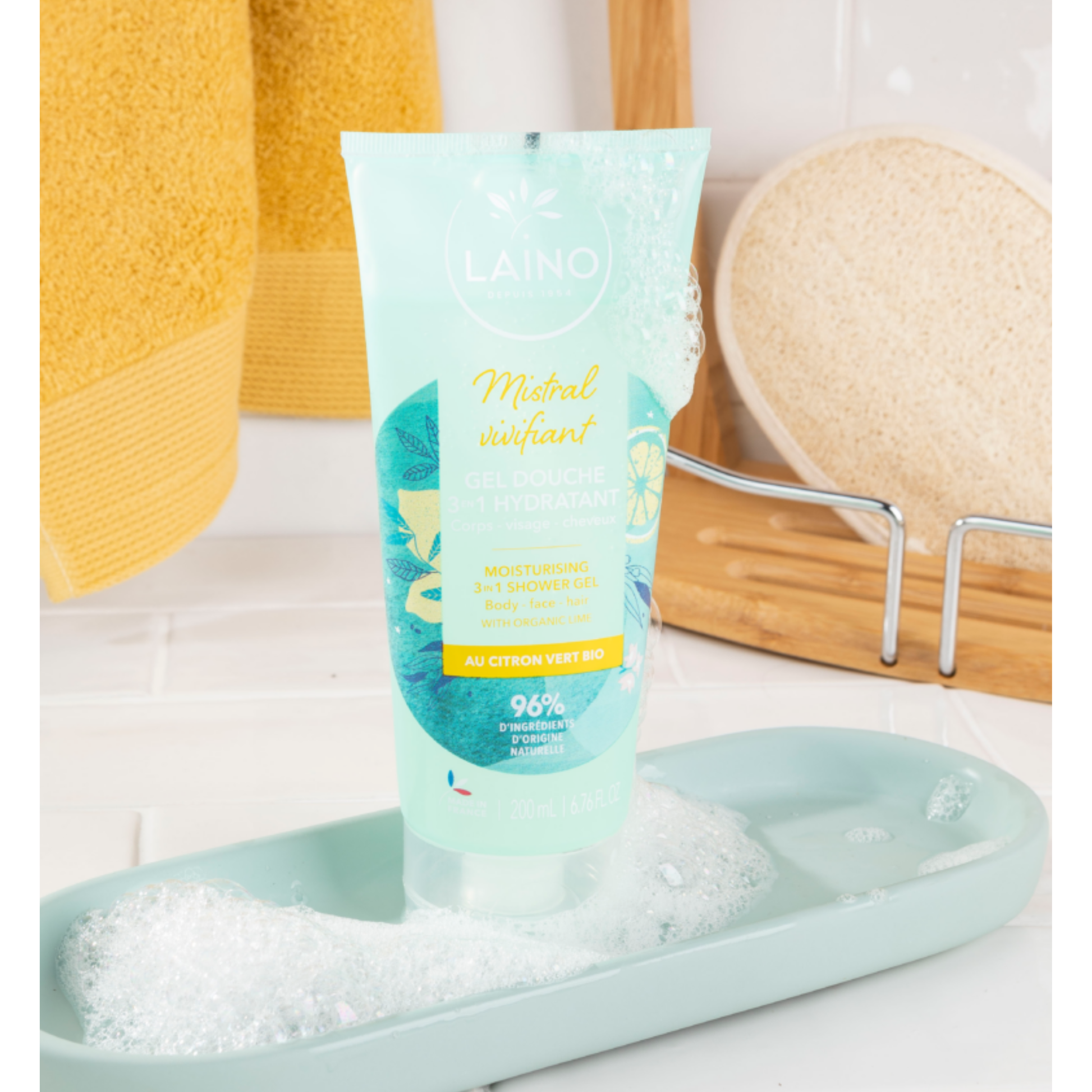 Gel Douche Hydratant - Citron Vert Bio - 3 en 1 - 200ml - Laino - My Médical