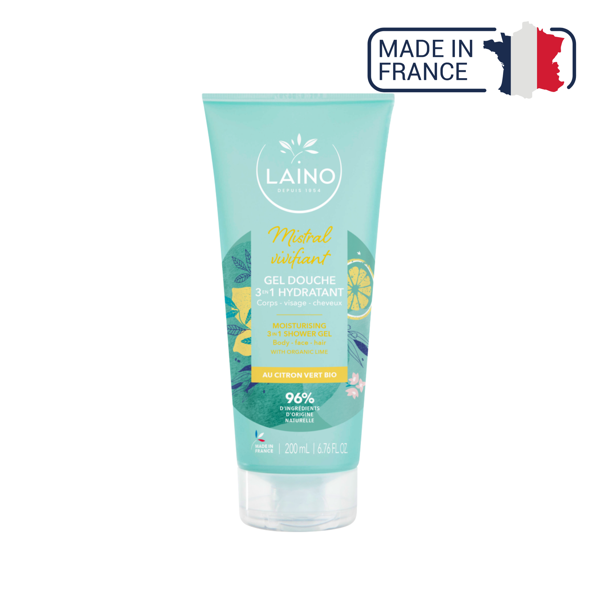Gel Douche Hydratant - Citron Vert Bio - 3 en 1 - 200ml - Laino - My Médical